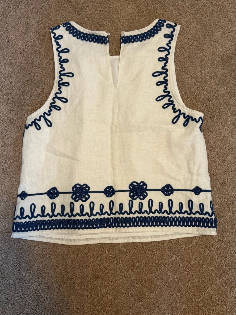 White Linen Tank with Navy Trim